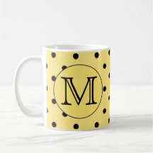 Custom Monogram Yellow and Black Polka Dot Pattern Mug