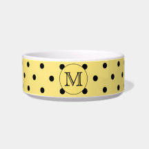 Custom Monogram Yellow and Black Polka Dot Pattern Cat Food Bowl