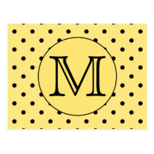 Custom Monogram Yellow and Black Polka Dot Pattern Postcards