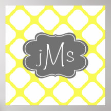 Custom Monogram Yellow and White Art Deco Pattern Poster