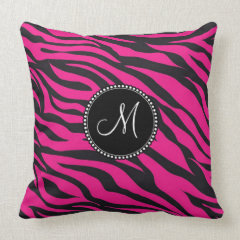 Custom Monogrammed Initial Hot Pink Black Zebra Throw Pillows