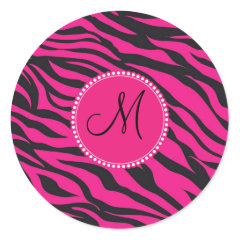 Custom Monogrammed Initial Hot Pink Black Zebra Stickers