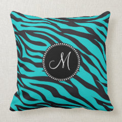 Custom Monogrammed Initial Teal Black Zebra Stripe Pillows