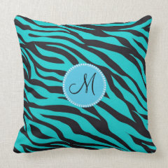 Custom Monogrammed Initial Teal Black Zebra Stripe Pillow