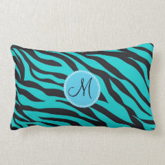 Custom Monogrammed Initial Teal Black Zebra Stripe Throw Pillow
