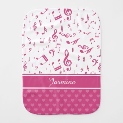 Custom Music Notes and Hearts Pattern Pink White Baby Burp Cloth