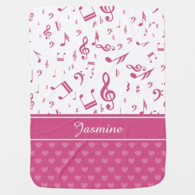 Custom Music Notes and Hearts Pattern Pink White Swaddle Blanket