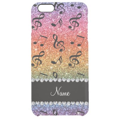 Custom name bright rainbow glitter music notes clear iPhone 6 plus case