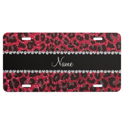 Custom name crimson red glitter leopard print license plate