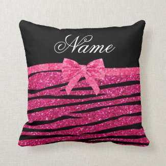 Custom name hot pink glitter zebra stripes bow throw pillows