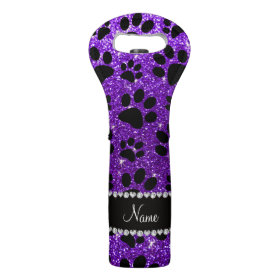 Custom name indigo purple glitter black dog paws wine bags