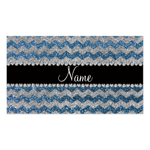 Custom name misty blue silver glitter chevrons business card (front side)