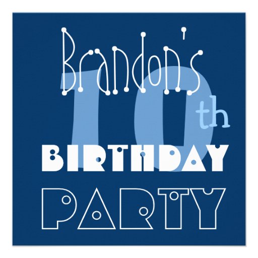 Custom Name Modern Kid's 10th Birthday Blue Personalized Invitations