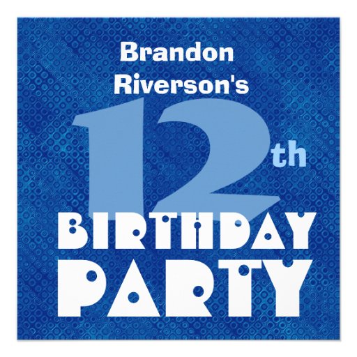 Custom Name Modern Kid's 12th Birthday Blue C358 Custom Invites