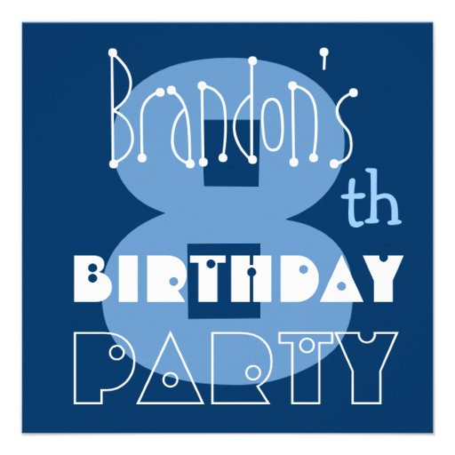 Custom Name Modern Kid's 8th Birthday Blue Custom Invites