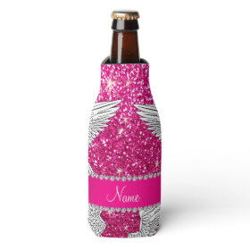 Custom name neon hot pink glitter angel wings bottle cooler