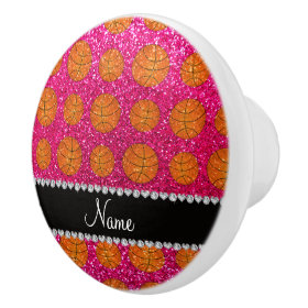 Custom name neon hot pink glitter basketballs ceramic knob