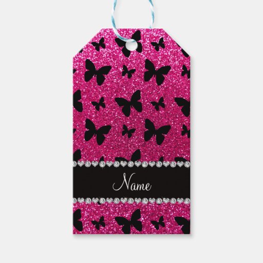 Custom name neon hot pink glitter butterflies pack of gift tags Zazzle