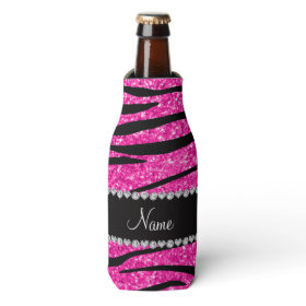 Custom name neon hot pink glitter zebra diamonds bottle cooler