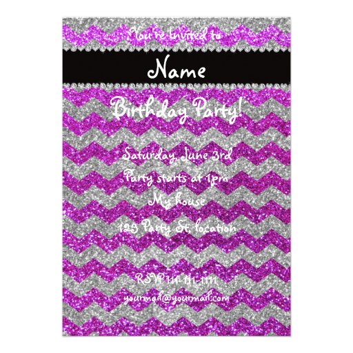 Custom name neon purple silver glitter chevrons custom invite