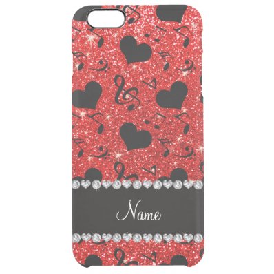 Custom name neon red glitter music notes hearts clear iPhone 6 plus case