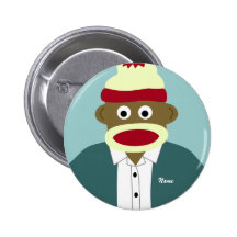 Custom Name or Monogram Sock Monkey Boy Pinback Button