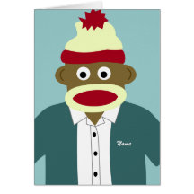 Custom Name or Monogram Sock Monkey Boy Greeting Cards