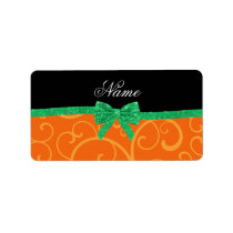 Custom name orange swirls green glitter bow personalized address labels