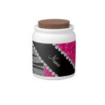 Custom name pink glitter light gray zebra stripes candy jars at Zazzle