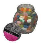 Custom name pink glitter light gray zebra stripes glass candy jar at Zazzle