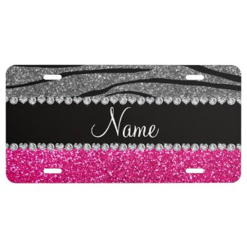 Custom name pink glitter light gray zebra stripes license plate
