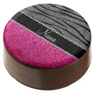 Custom name pink glitter light gray zebra stripes chocolate dipped oreo