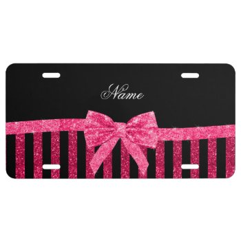 Custom name pink glitter stripes glitter bow license plate