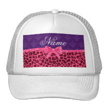 Custom name pink leopard purple damask bow hats