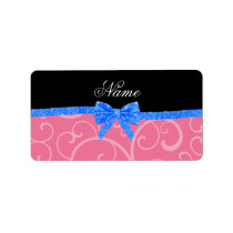 Custom name pink swirls blue glitter bow personalized address labels