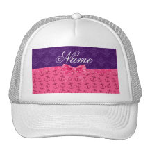 Custom name purple damask pink anchors bow hat
