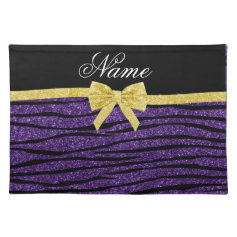 Custom name purple glitter zebra stripes gold bow place mat