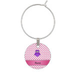 Custom name purple owl pink hearts polka dots wine glass charm