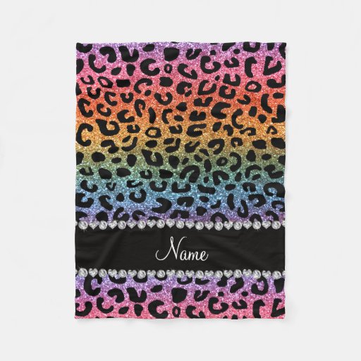 Custom name rainbow glitter cheetah print fleece blanket Zazzle