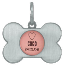 Custom Name Silver Bone Dog Tag  PEACH Heart Pet Tags