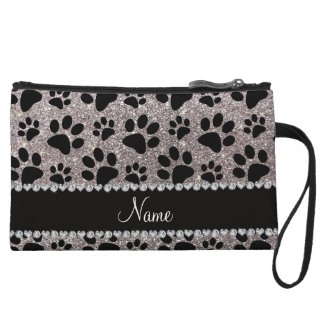 Custom name silver glitter black dog paws wristlet purse