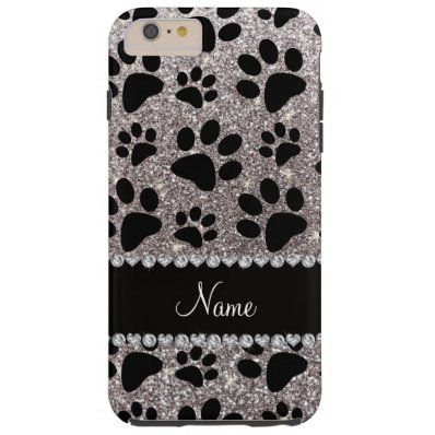 Custom name silver glitter black dog paws iPhone 6 plus case