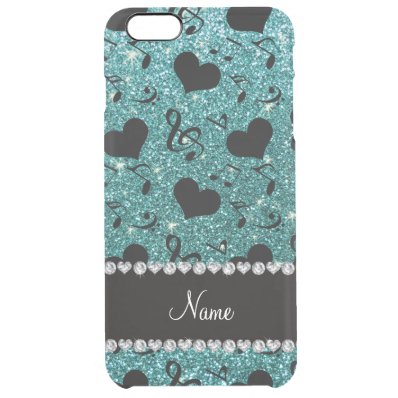 Custom name turquoise glitter music notes hearts clear iPhone 6 plus case
