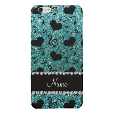 Custom name turquoise glitter music notes hearts glossy iPhone 6 plus case