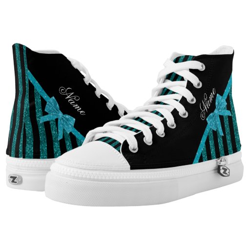 Custom name turquoise glitter stripes bow printed shoes Zazzle