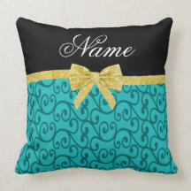 Custom name turquoise swirls gold bow pillows