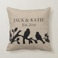 Custom names linen burlap rustic jute love birds pillows