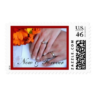This postage stamp depicts a pair of wedding rings on a couple holding hands