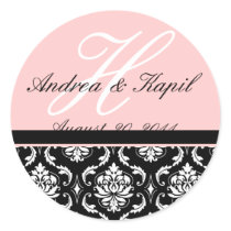 Custom Order Wedding Monogram Pink Damask Seal Round Stickers