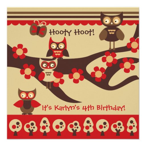 Custom Owls on a Branch Birthday Invitations (front side)